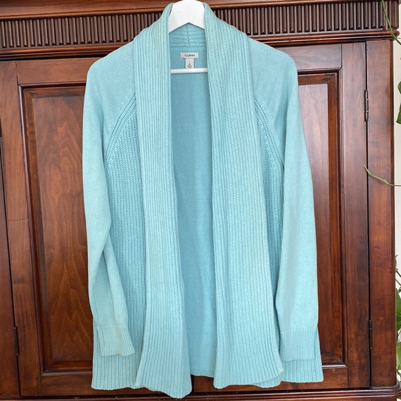 L. L. Bean long open front cardigan Robins Egg Blue, 100% cotton - Picture 2 of 12